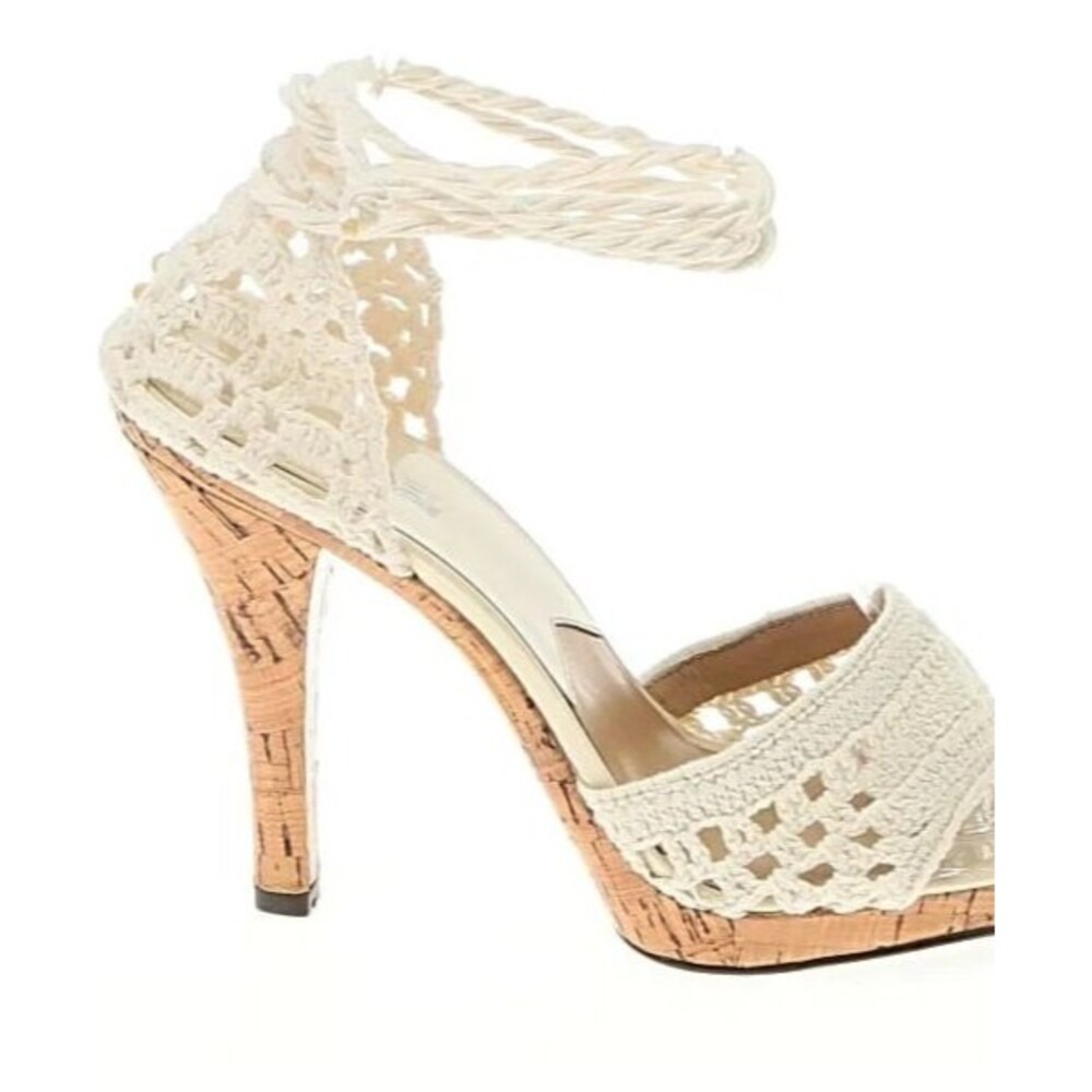 DESIGNER MICHAEL KORS IVORY CROCHET CORK HIGH HEELS STRAPPY SANDALS 8.M - Picture 14 of 14